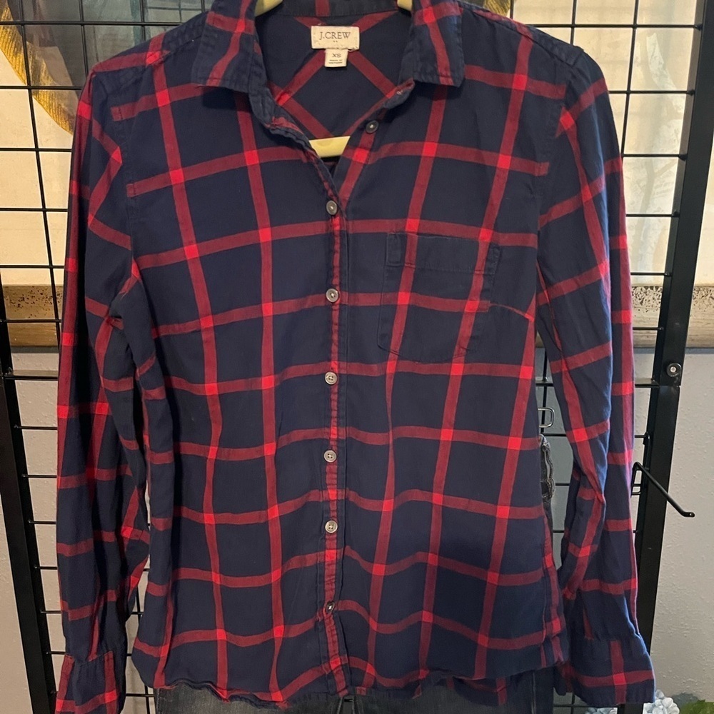 J. Crew Navy and Red Plaid Button Down Shirt